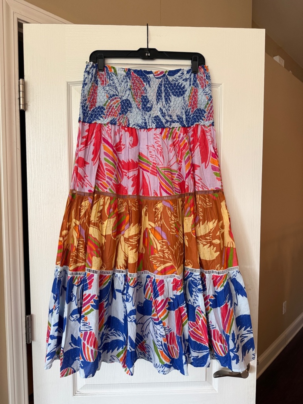 FARM Rio Multicolor Smocked Tiered Floral Skirt, Size Large.